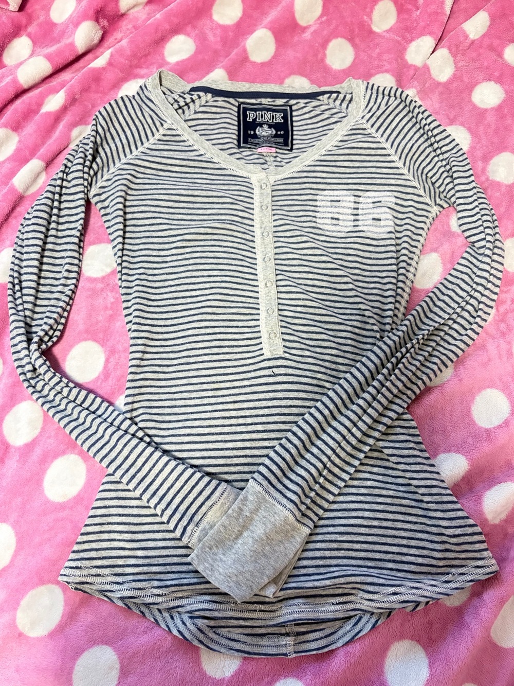Vintage Y2K PINK Victoria's Secret Navy and Gray Striped Long-Sleeve Henley
